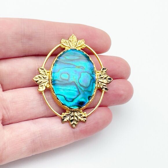 Vintage Abalone Paua Shell Brooch Gold Tone Blue Green 1970s Retro Iridescent 2" - Picture 4 of 6